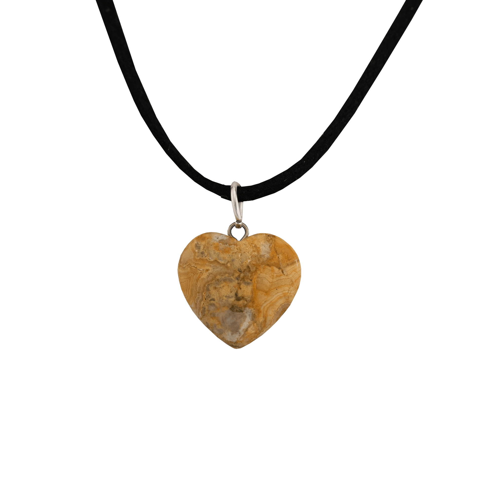 Tan sandy colored Laced Agate heart shaped stone pendant on a black cord