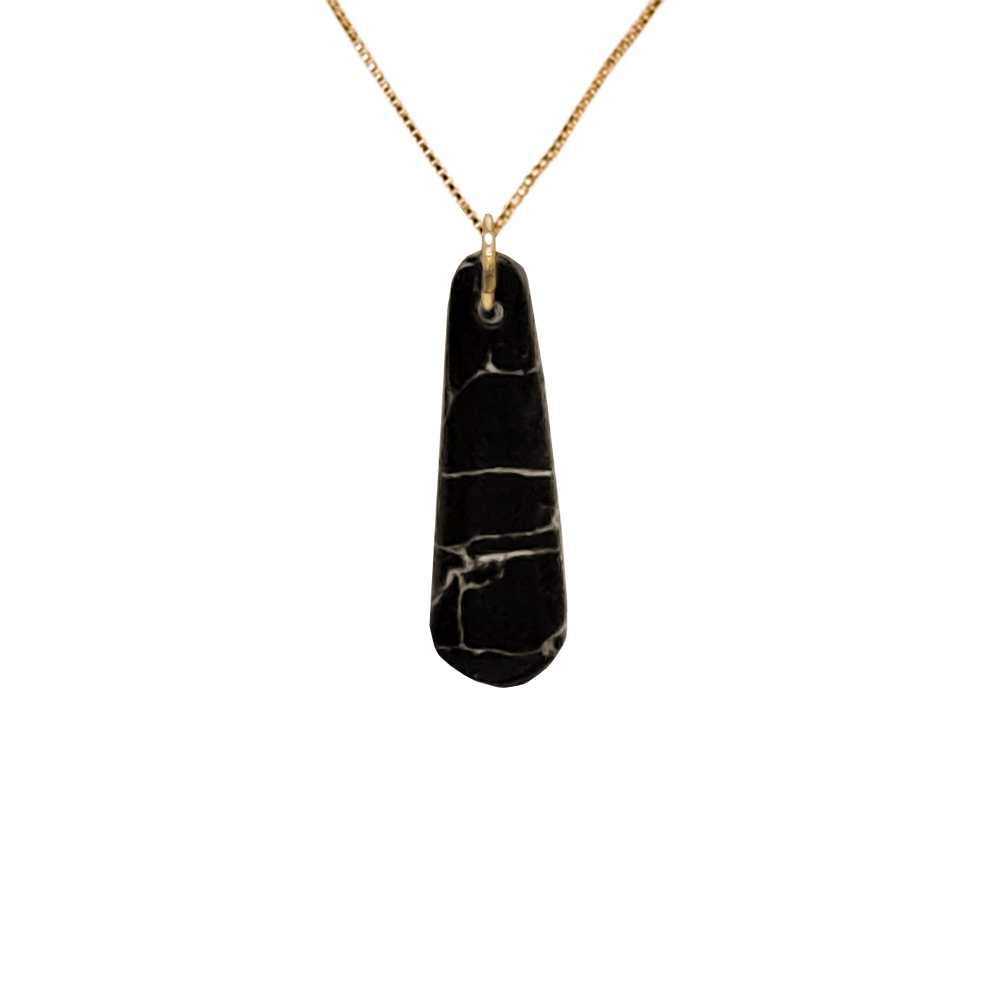 Handcrafted black marbled clay teardrop necklace with a gold chain