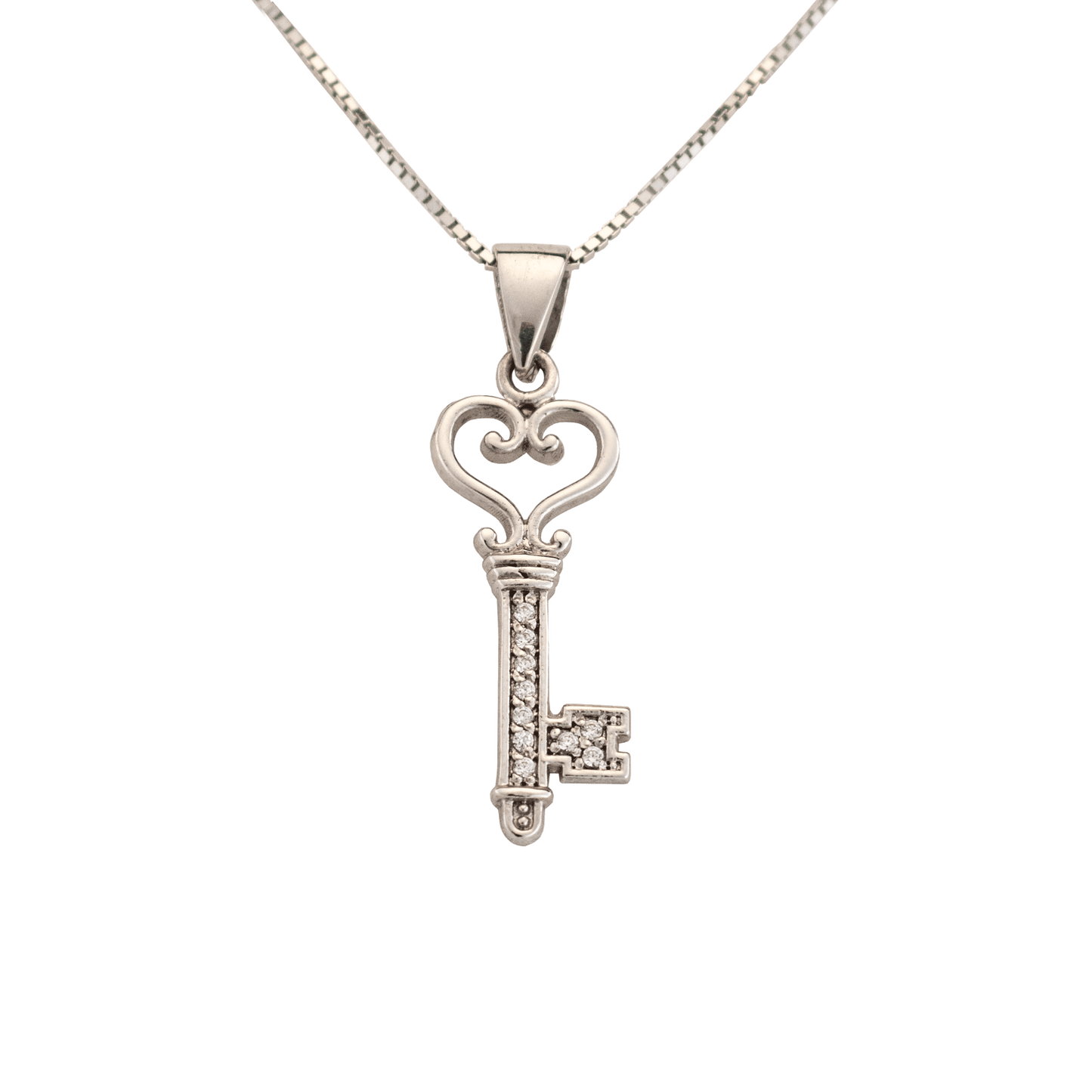 Bejeweled silver heart key pendant on a silver chain