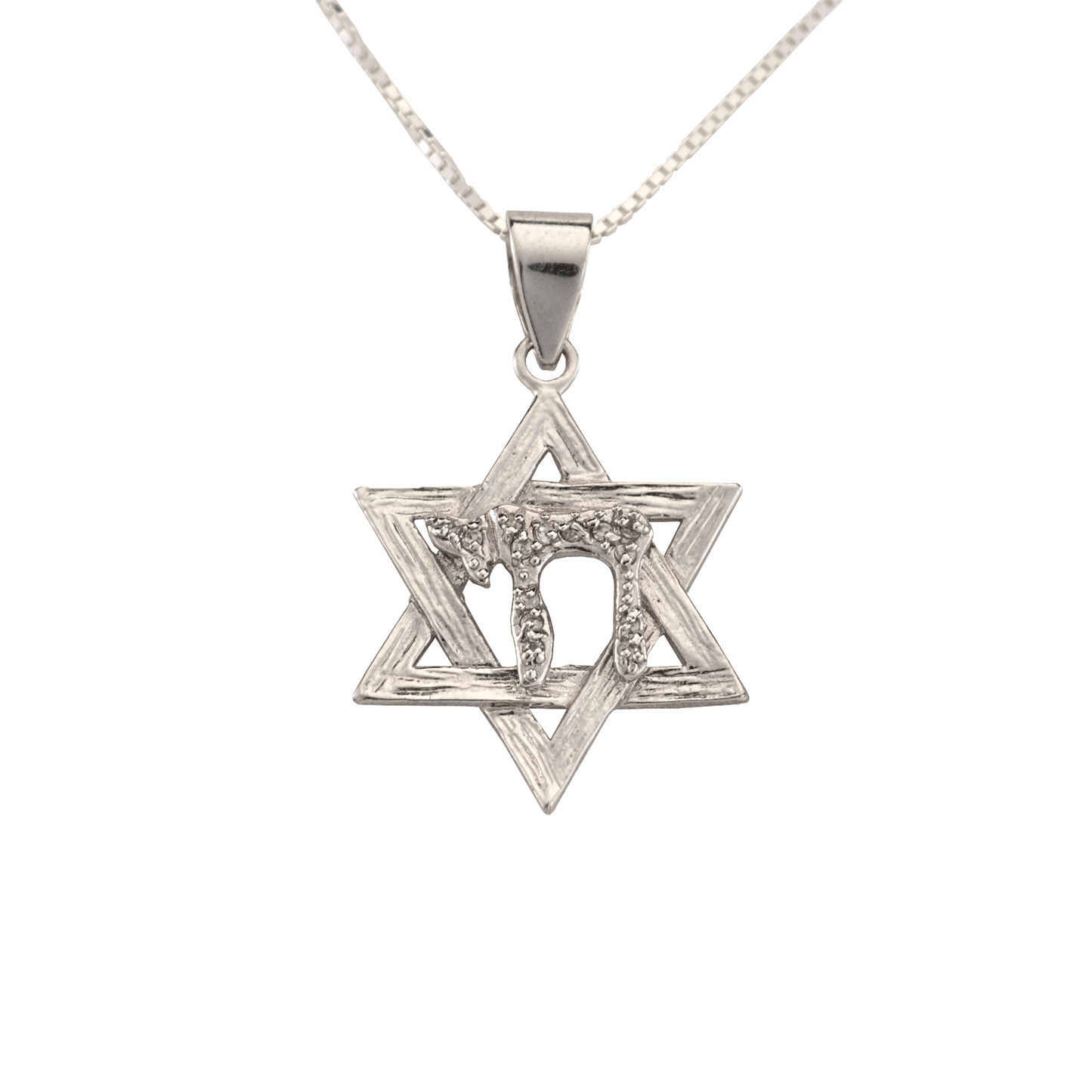 Silver Star of David with bejeweled Chai symbol in the center on a silver chain