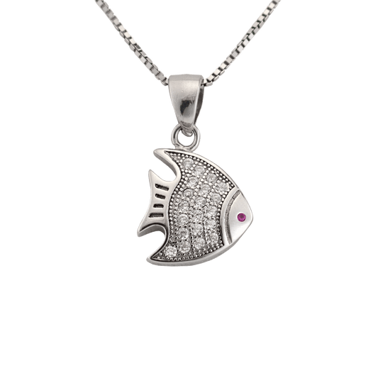 Silver fish pendant with white crystals for scales and a pink crystal for the eye.