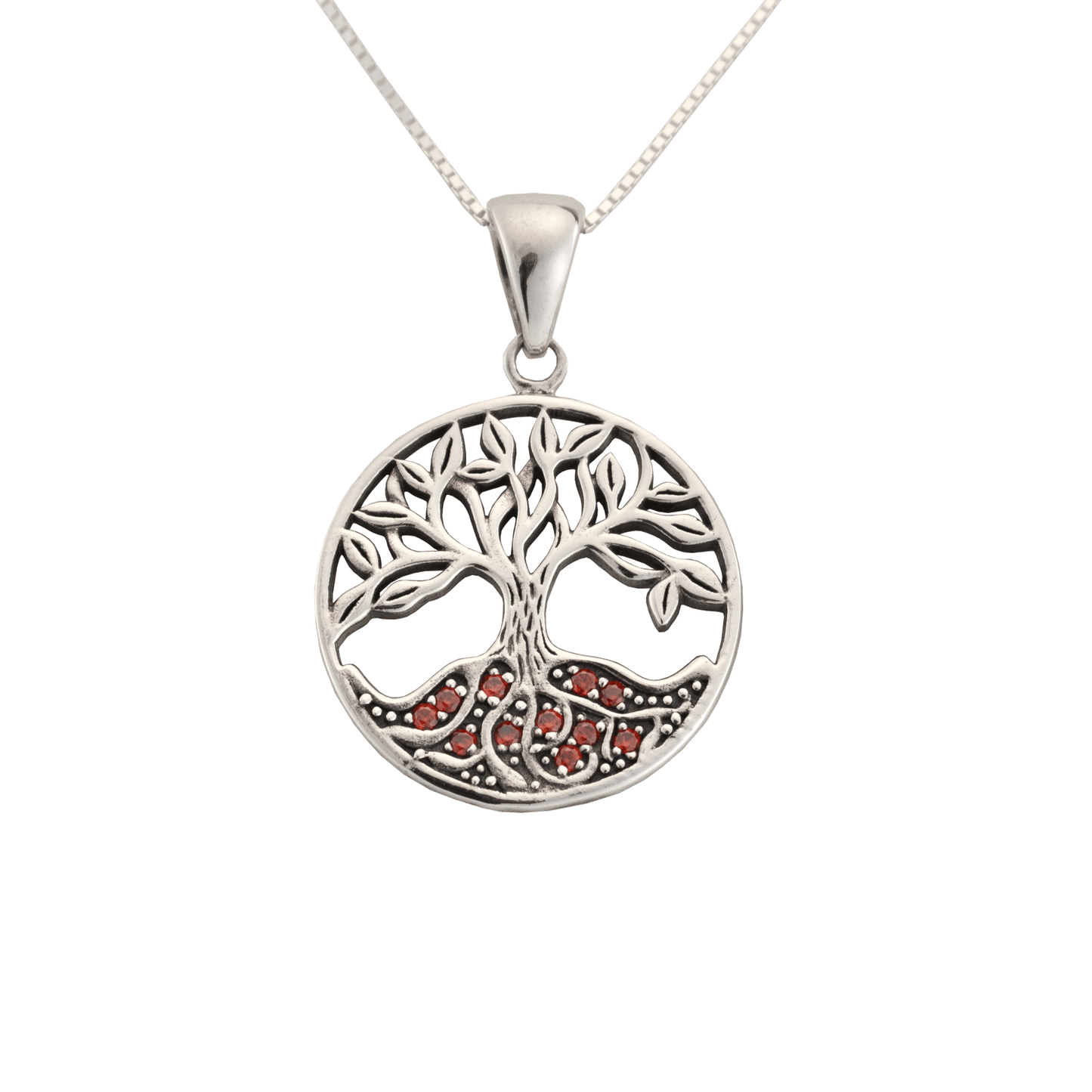 Sterling Silver Tree of Life with red crystals amongst the roots