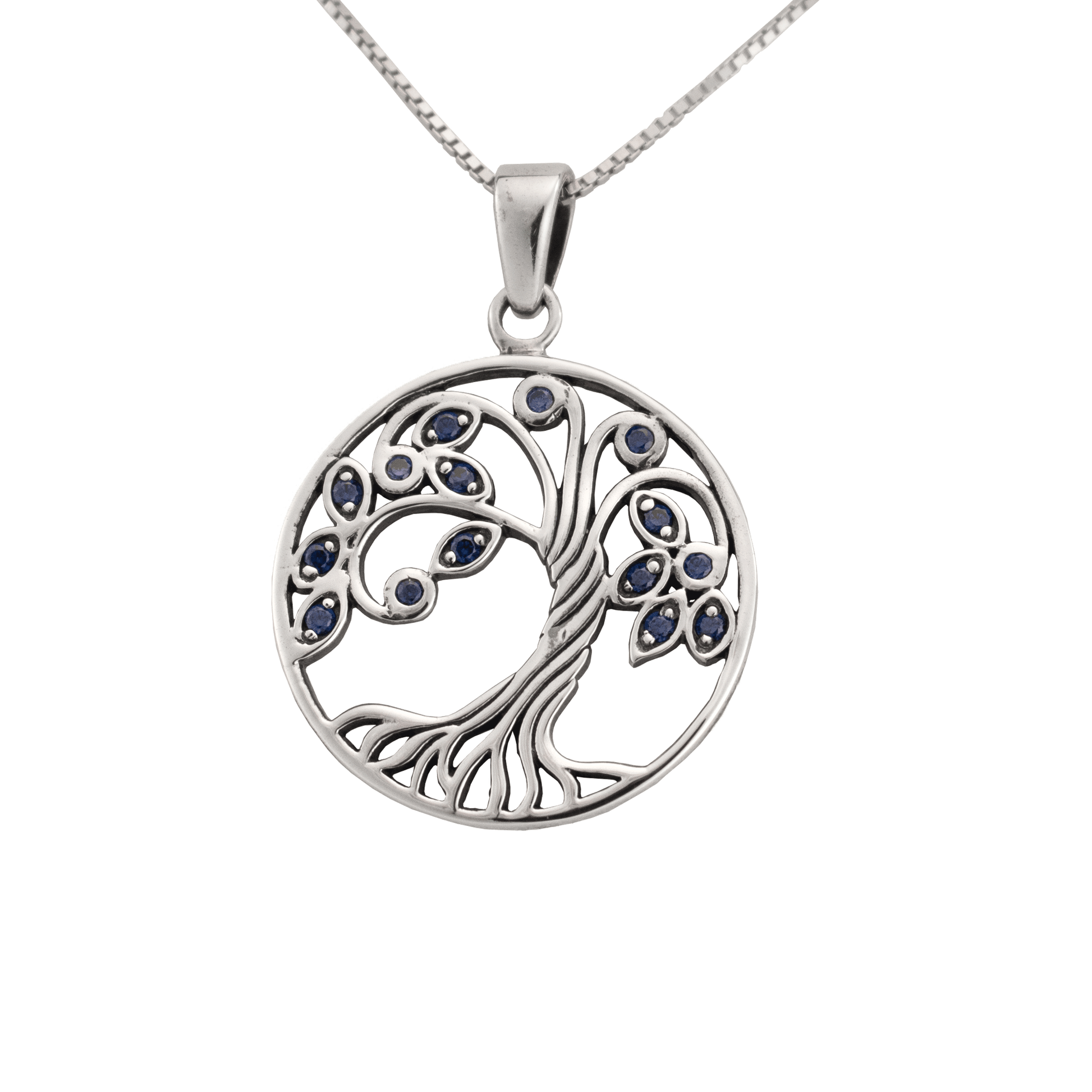 Sterling Silver Tree of Life Necklace with blue crystals for leaves on a silver chain. 