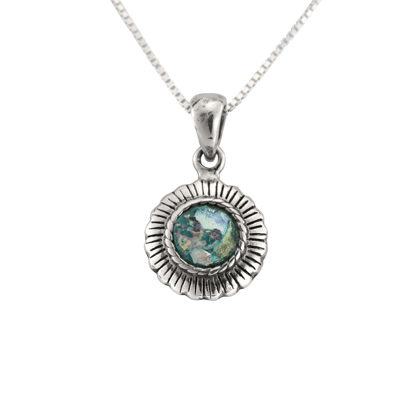 Silver flower pendant holding a round Roman Glass in the center.