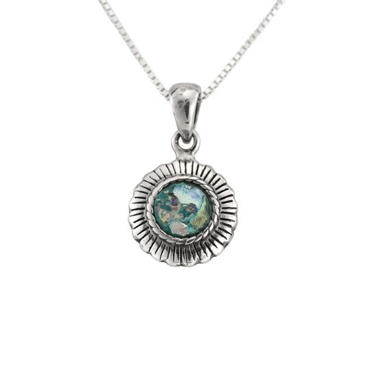 Silver flower pendant holding a round Roman Glass in the center.