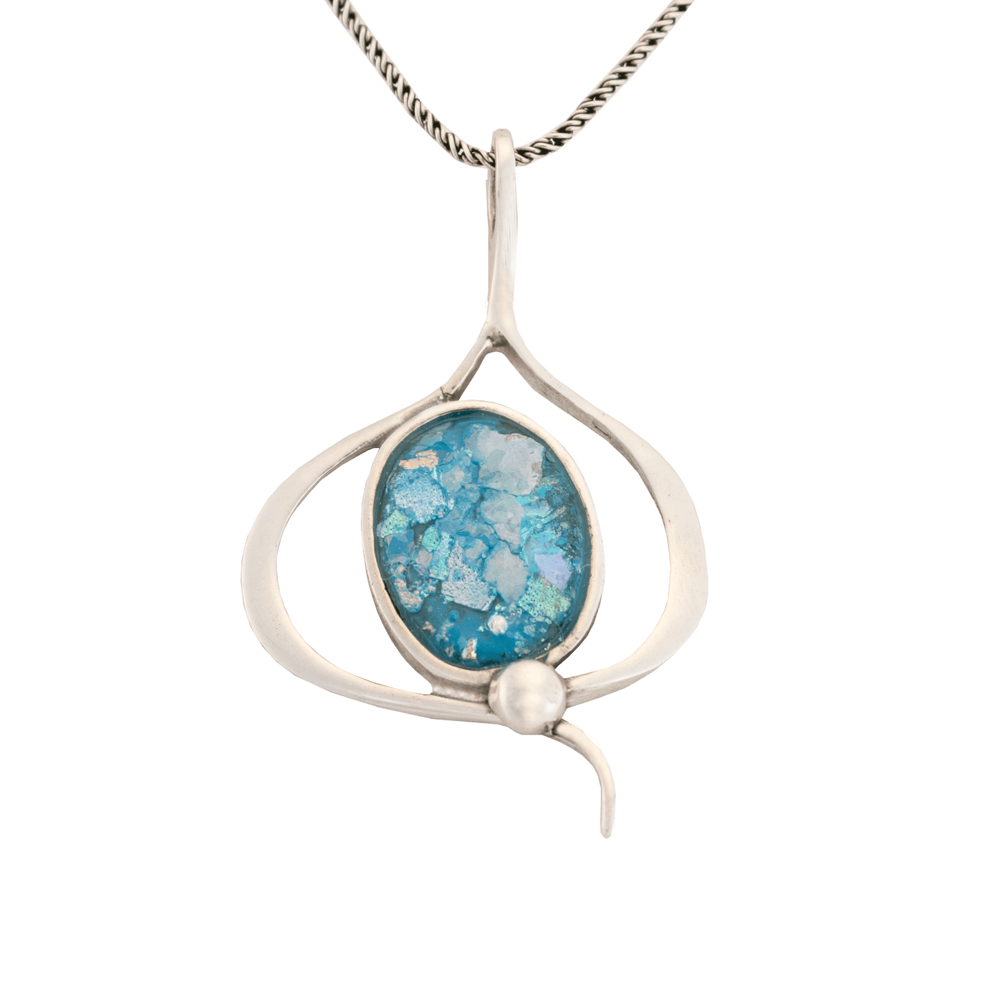 Roman Glass Oval Necklace with Silver Swirl
