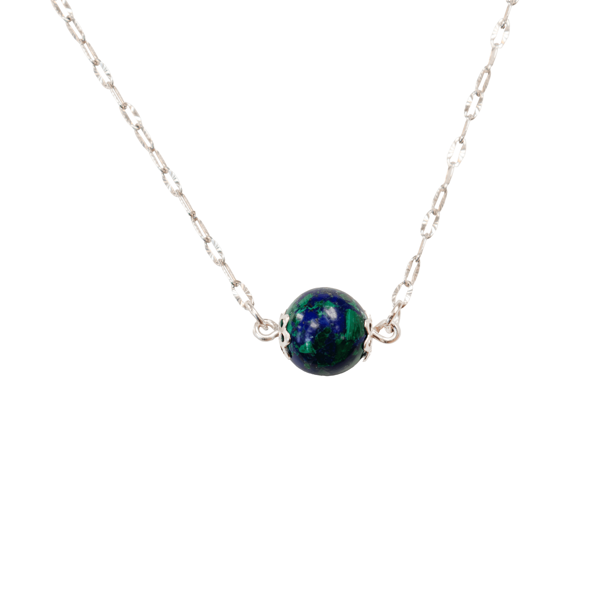 Eilat stone necklace with a beautiful large Eilat stone bead suspended on both sides by an oval link chain made of sterling silver with rhodium