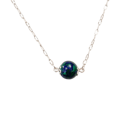 Eilat stone necklace with a beautiful large Eilat stone bead suspended on both sides by an oval link chain made of sterling silver with rhodium