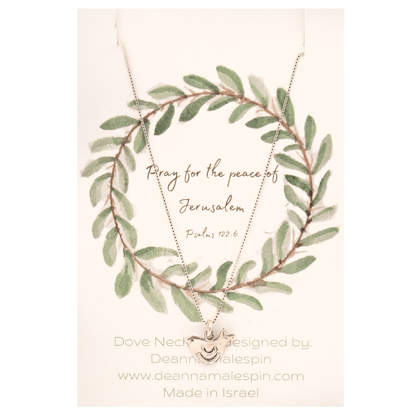 Silver Dove pendant on a silver chain hung on Psalms 122:6 card