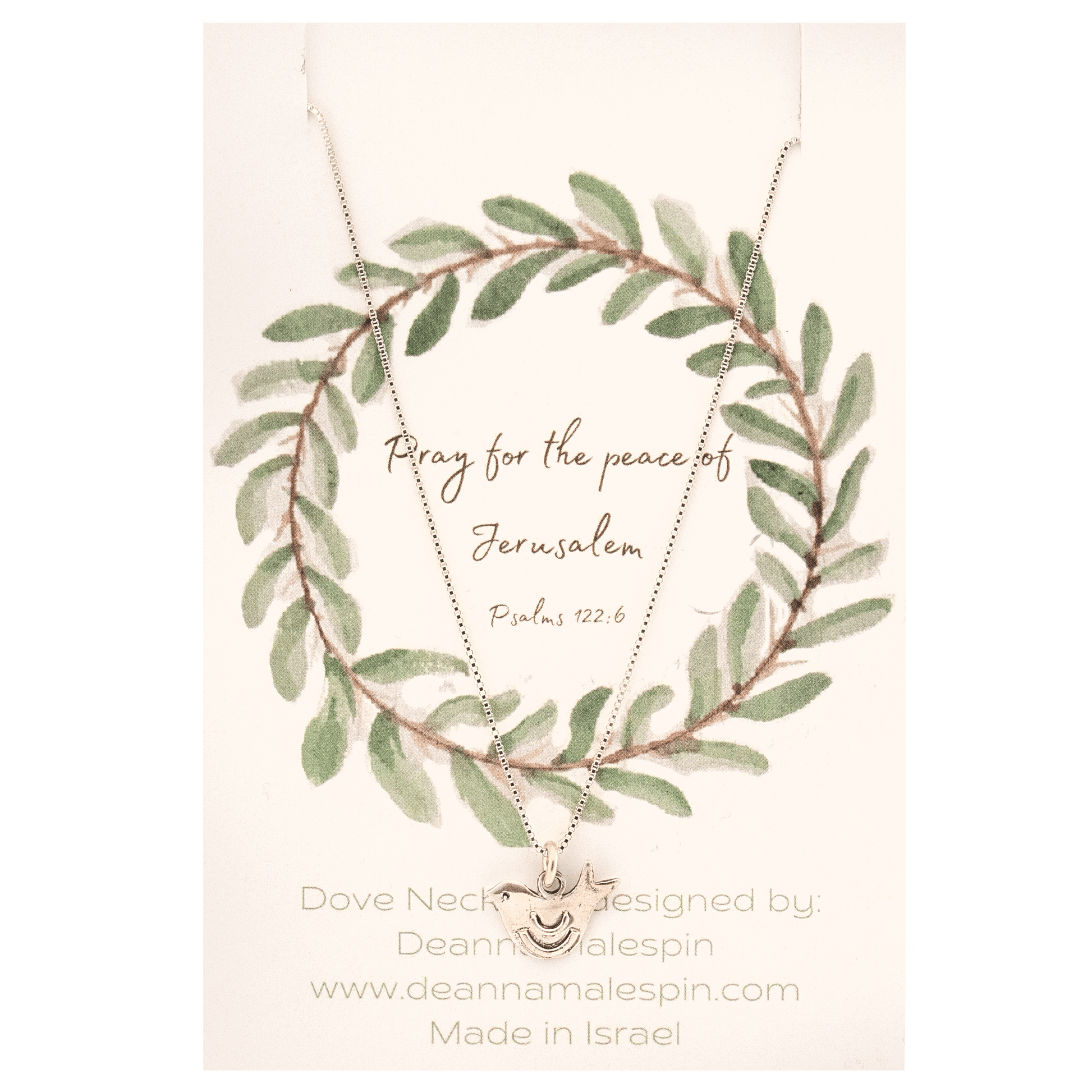Silver Dove pendant on a silver chain hung on Psalms 122:6 card