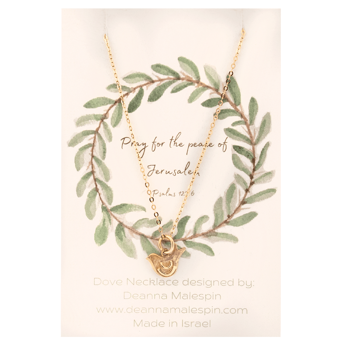 Gold Dove pendant on gold chain hung on Psalms 122:6 Card