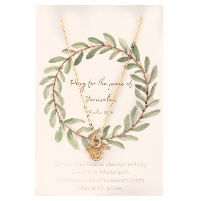 Gold Dove pendant on gold chain hung on Psalms 122:6 Card