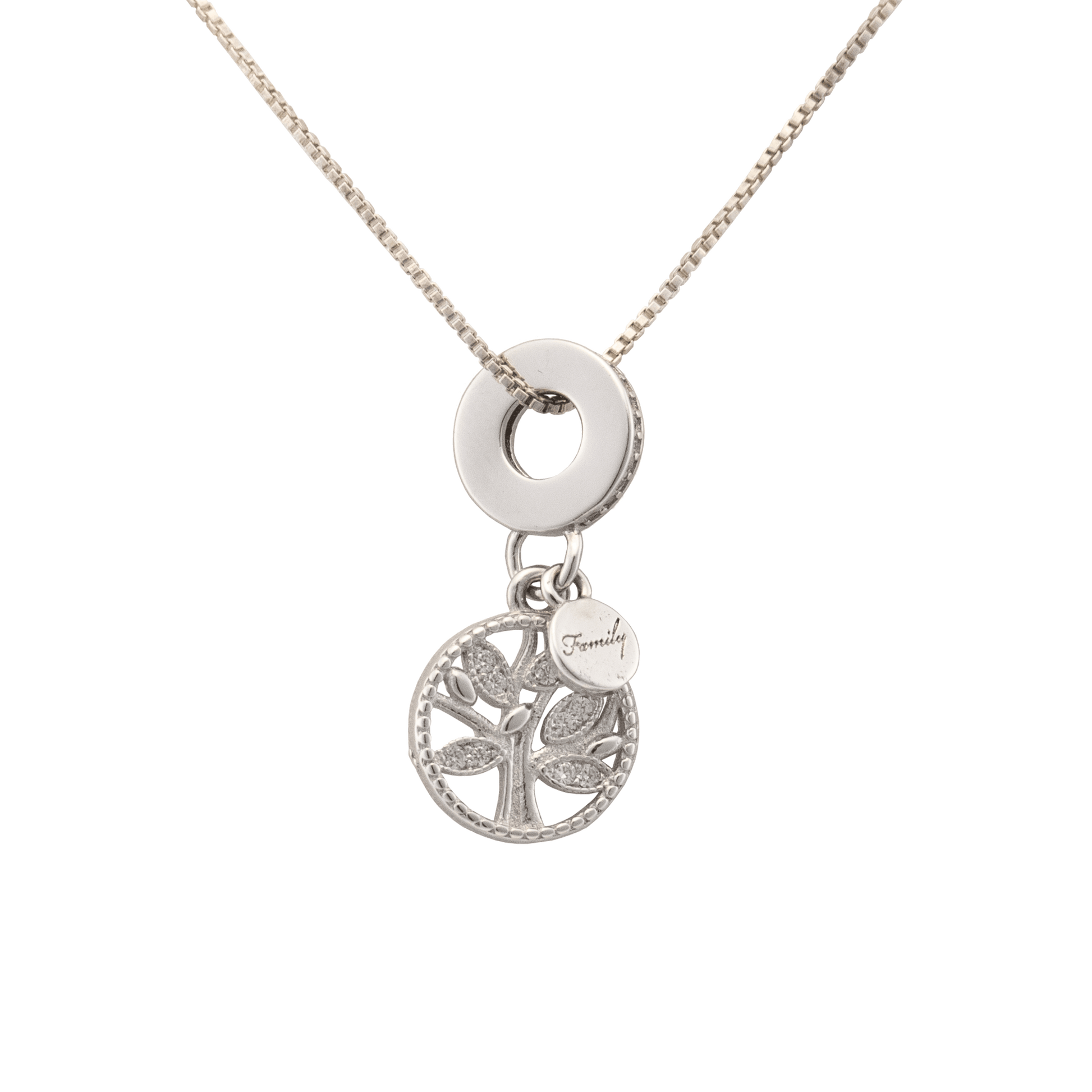 silver and Jewel filled Tree in a circular pendant with silver disc engraved with "family" on a silver chain