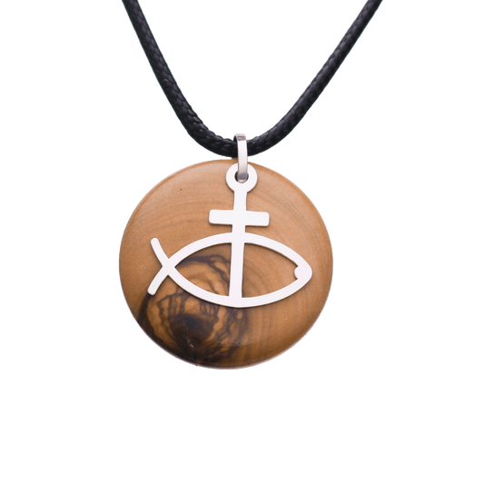 Olive Wood Fish with Cross Necklace