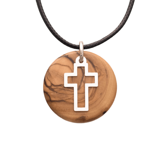 Olive Wood Silver Cross Necklace