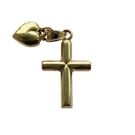 1 inch 14 Karat Gold Cross Pendant with a Heart Attached to the Bale