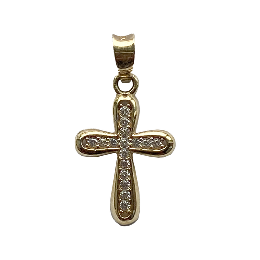 14 Karat Gold Cross Pendant Filled With Cubic Zirconia 