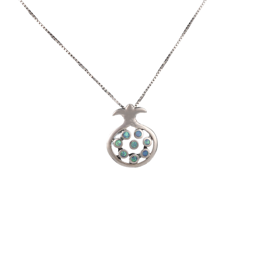 Pomegranate Silver Pendant with opals in the center