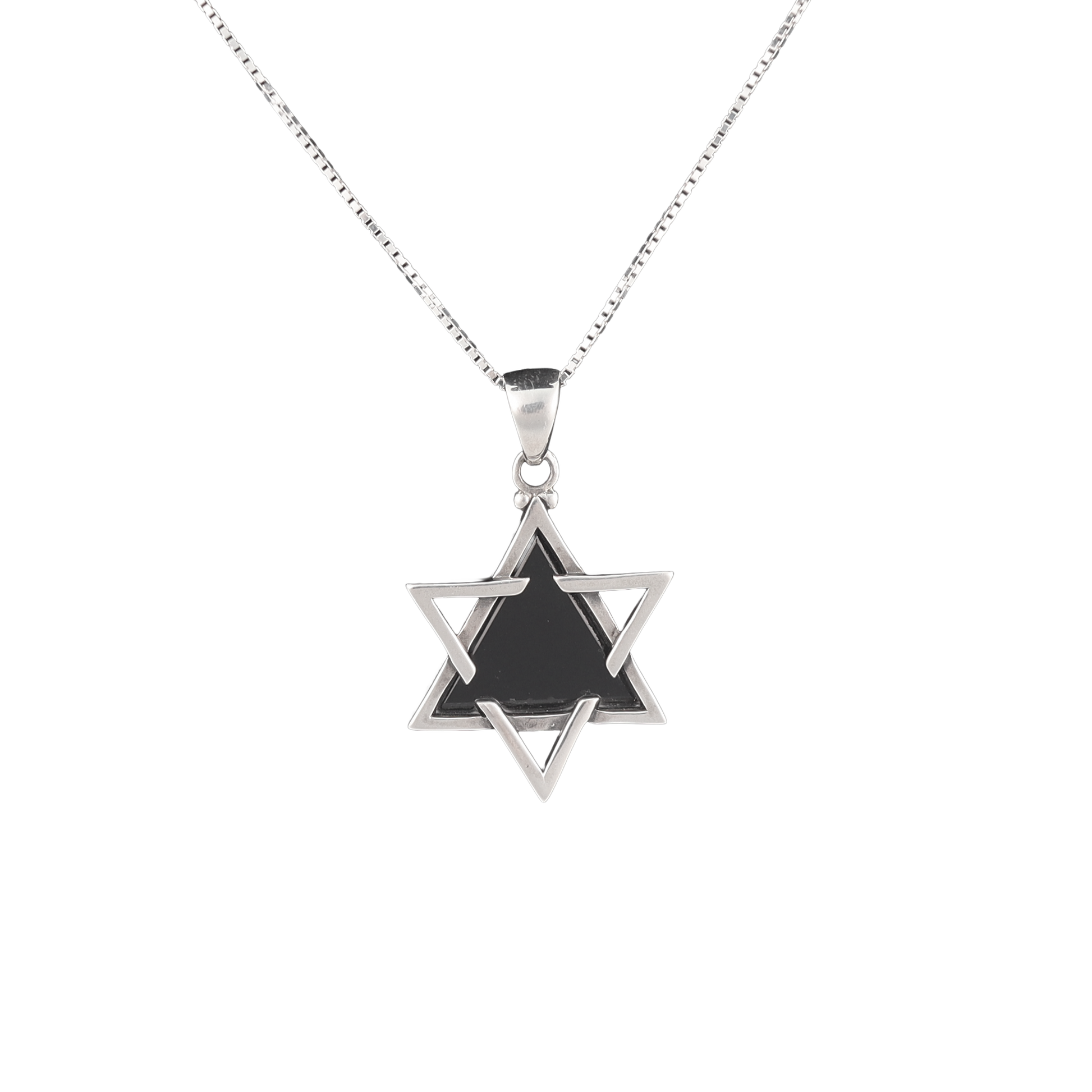Onyx stone star of David pendant with silver outline on a silver chain