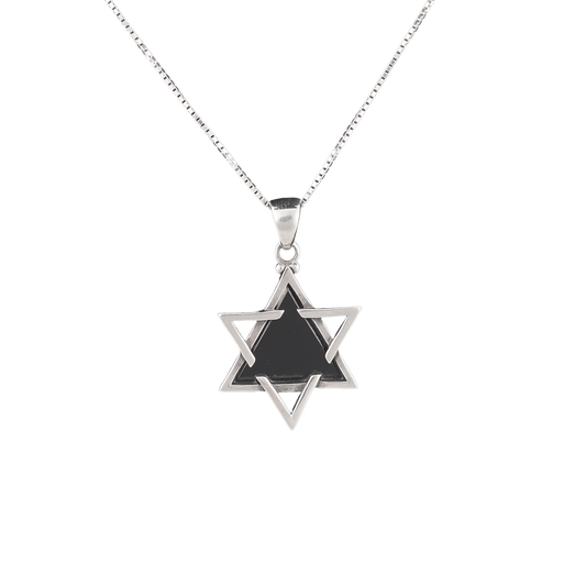 Onyx stone star of David pendant with silver outline on a silver chain