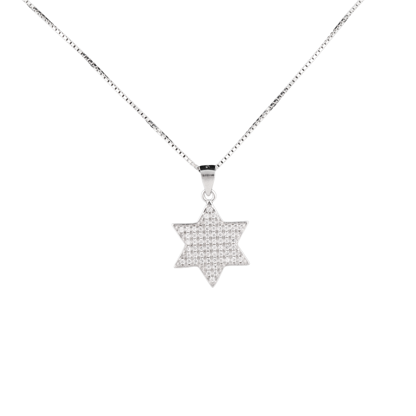 Silver star of David pendant covered in clear crystals on a silver chain
