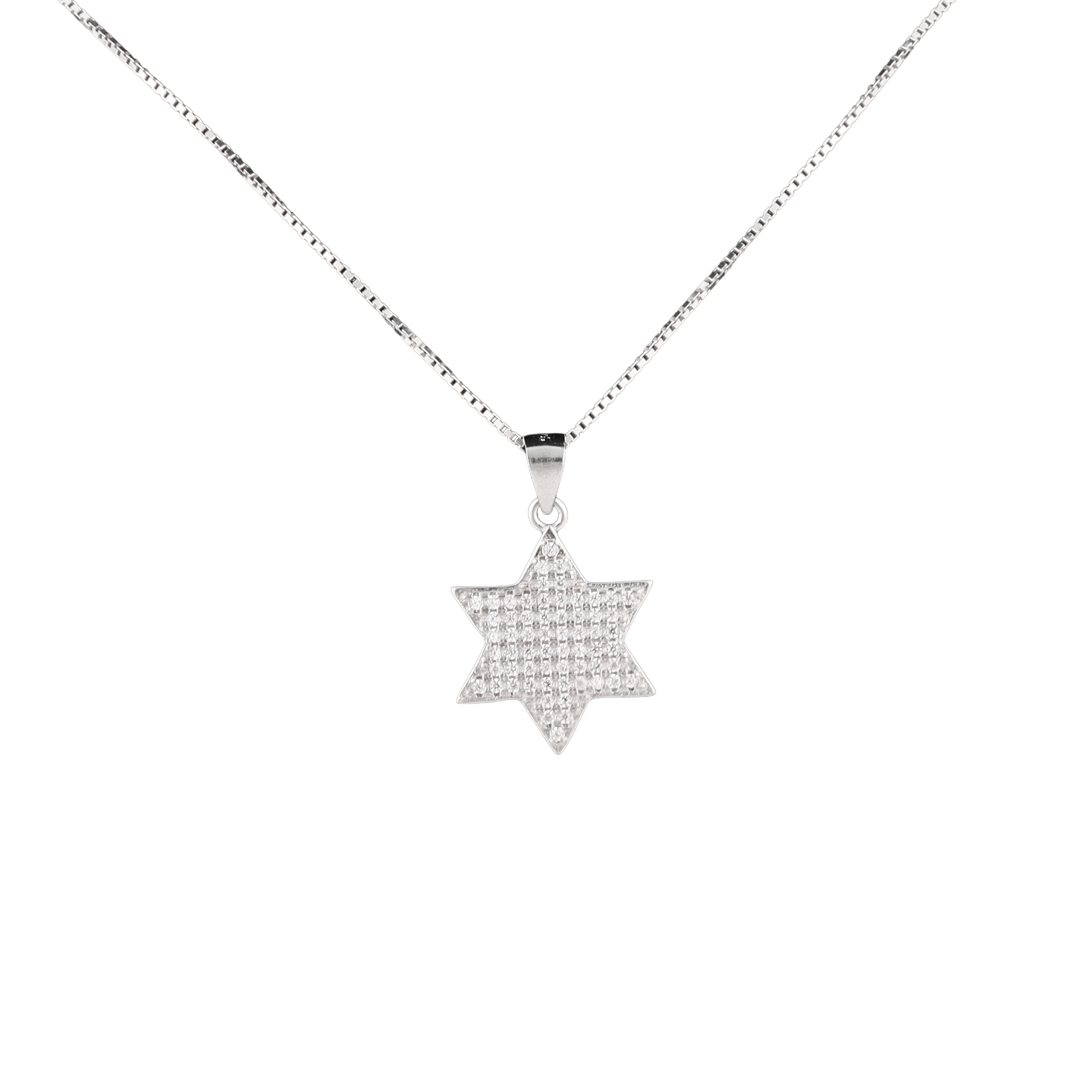 Silver star of David pendant covered in clear crystals on a silver chain