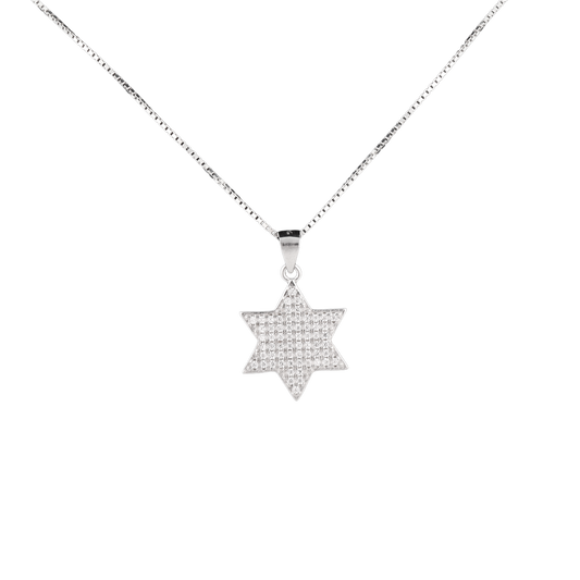 Silver star of David pendant covered in clear crystals on a silver chain