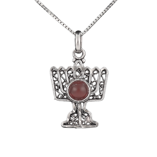 Silver menorah pendant with jasper stone in the center on a silver chain