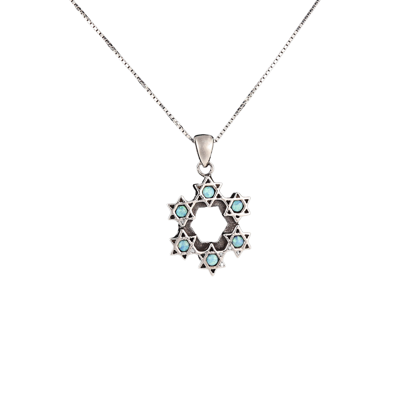 Sterling silver pendant made of six stars of David with opals in the center of each star