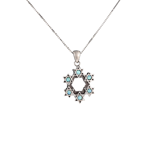 Sterling silver pendant made of six stars of David with opals in the center of each star