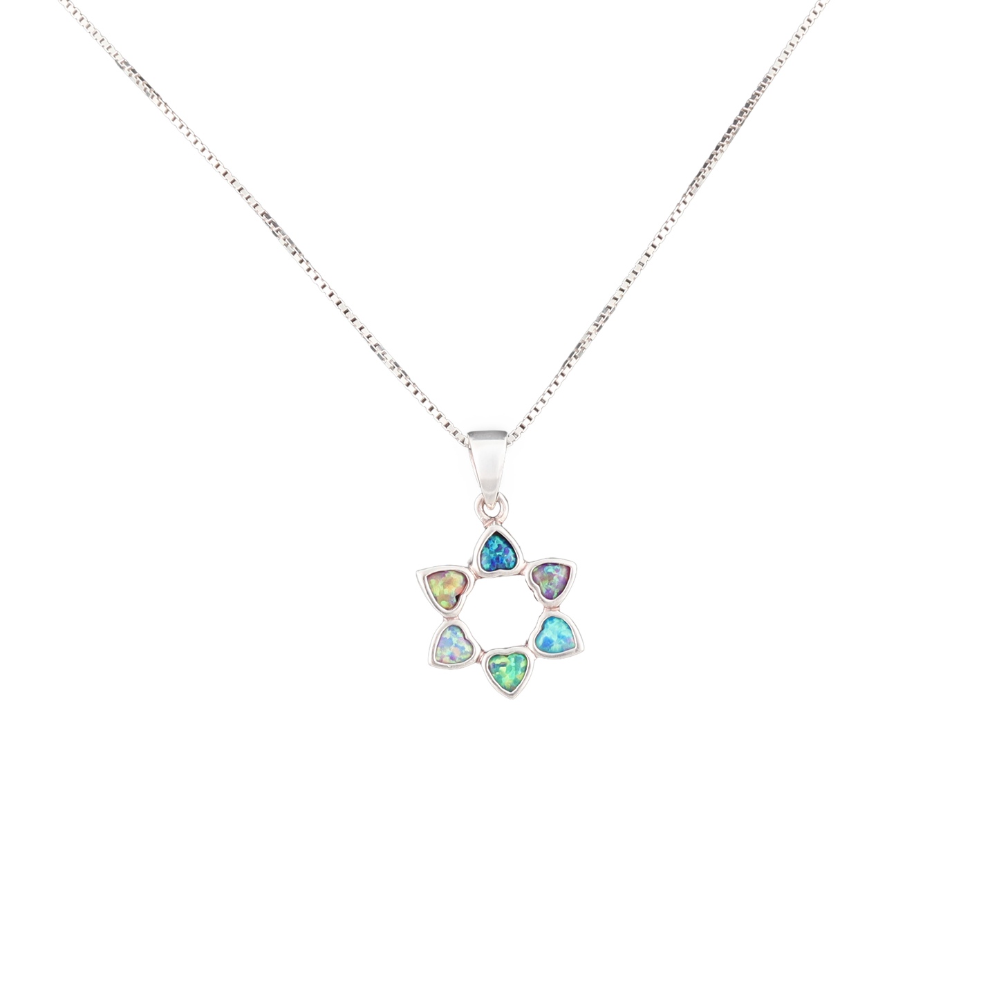 Flower pendant with multicolored crystal petals in the shape of hearts on a silver chain