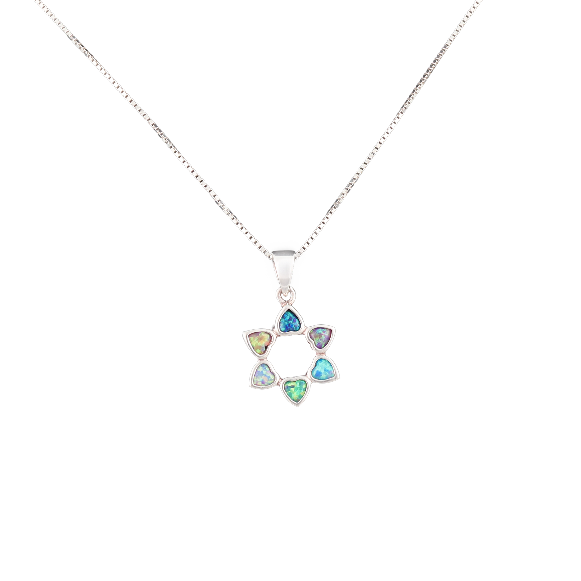 Flower pendant with multicolored crystal petals in the shape of hearts on a silver chain
