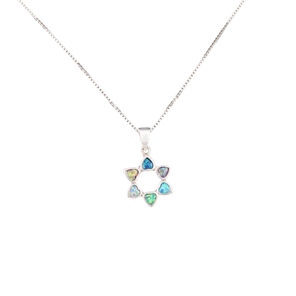 Flower pendant with multicolored crystal petals in the shape of hearts on a silver chain