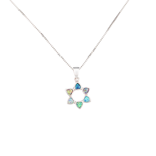 Flower pendant with multicolored crystal petals in the shape of hearts on a silver chain