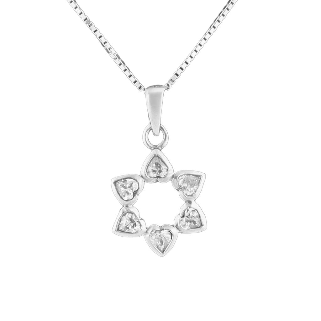 Flower pendant with clear crystal petals in the shape of hearts on a silver chain