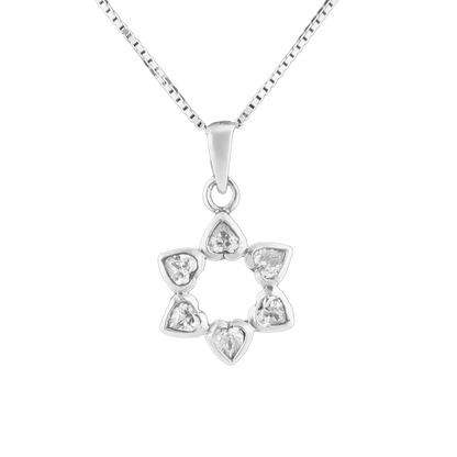 Flower pendant with clear crystal petals in the shape of hearts on a silver chain