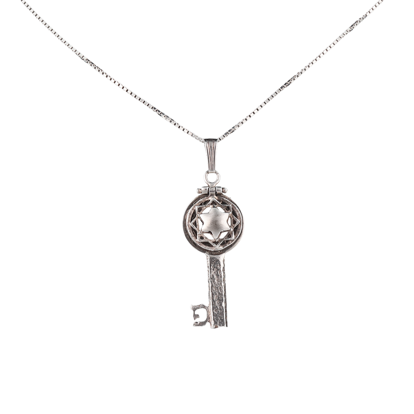 Sterling silver key pendant with star of David and hammered detail