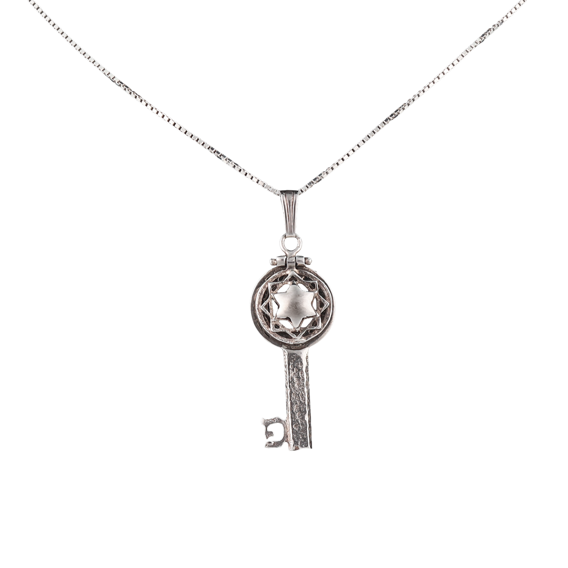 Sterling silver key pendant with star of David and hammered detail