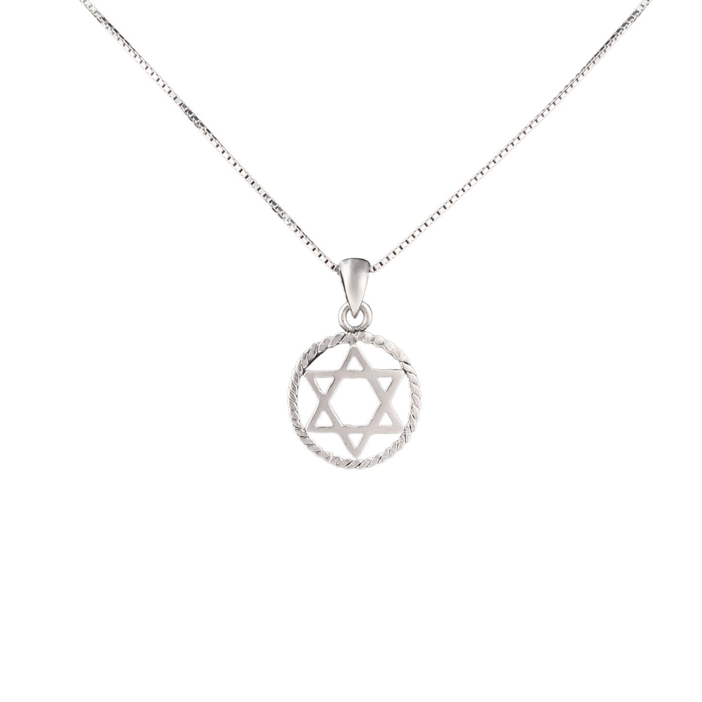 Silver circular rope-style pendant with the star of David in the center on a silver chain