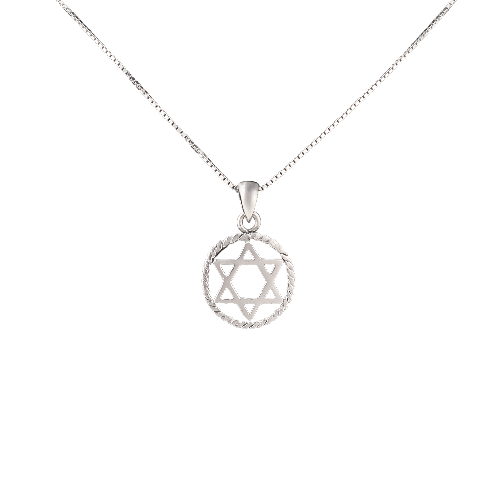 Silver circular rope-style pendant with the star of David in the center on a silver chain