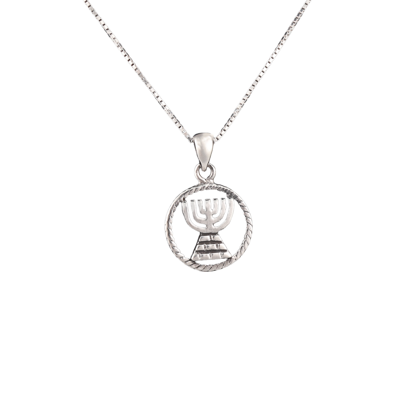 Circular silver pendant with menorah on silver chain