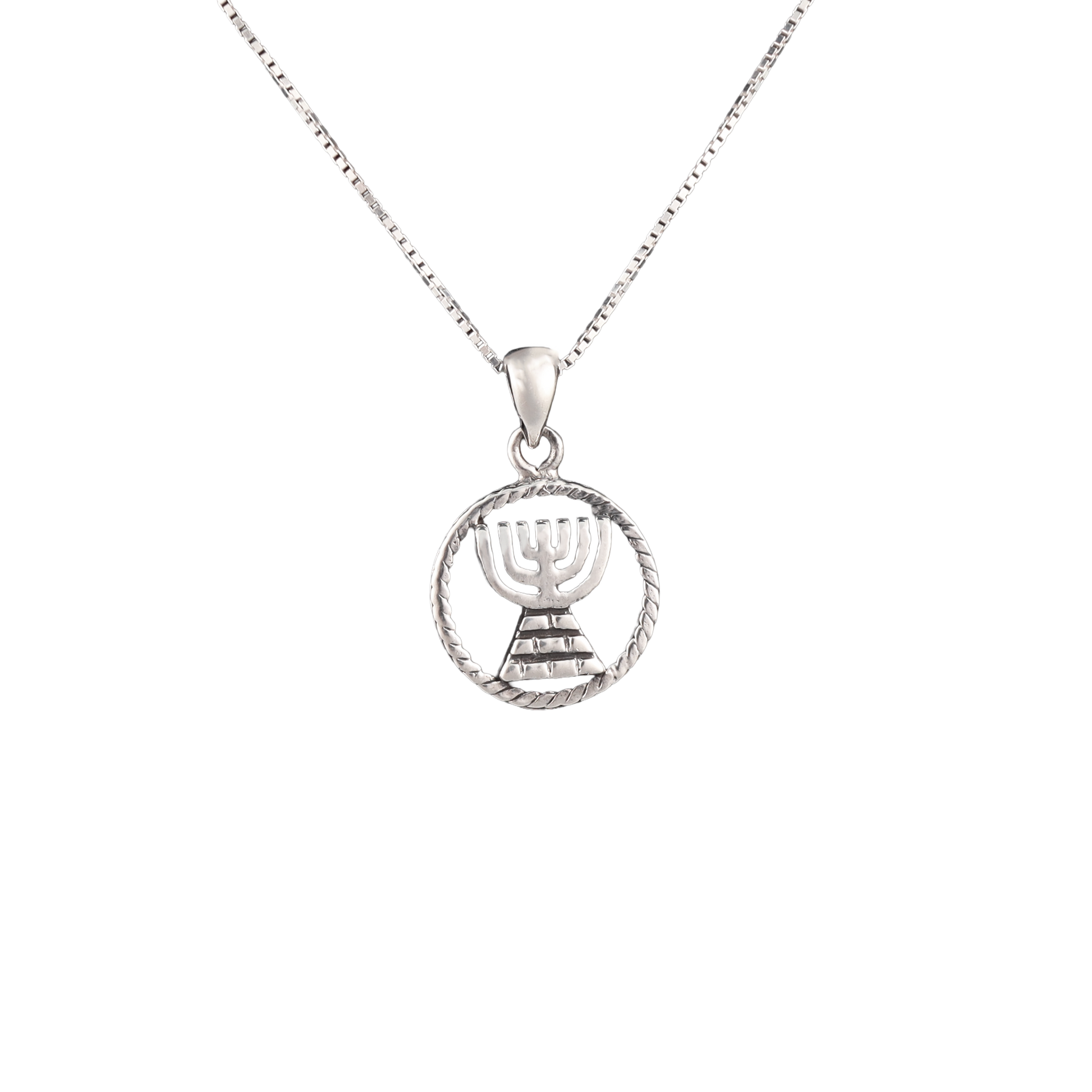 Circular silver pendant with menorah on silver chain