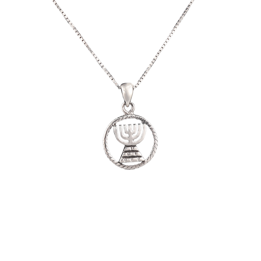 Circular silver pendant with menorah on silver chain