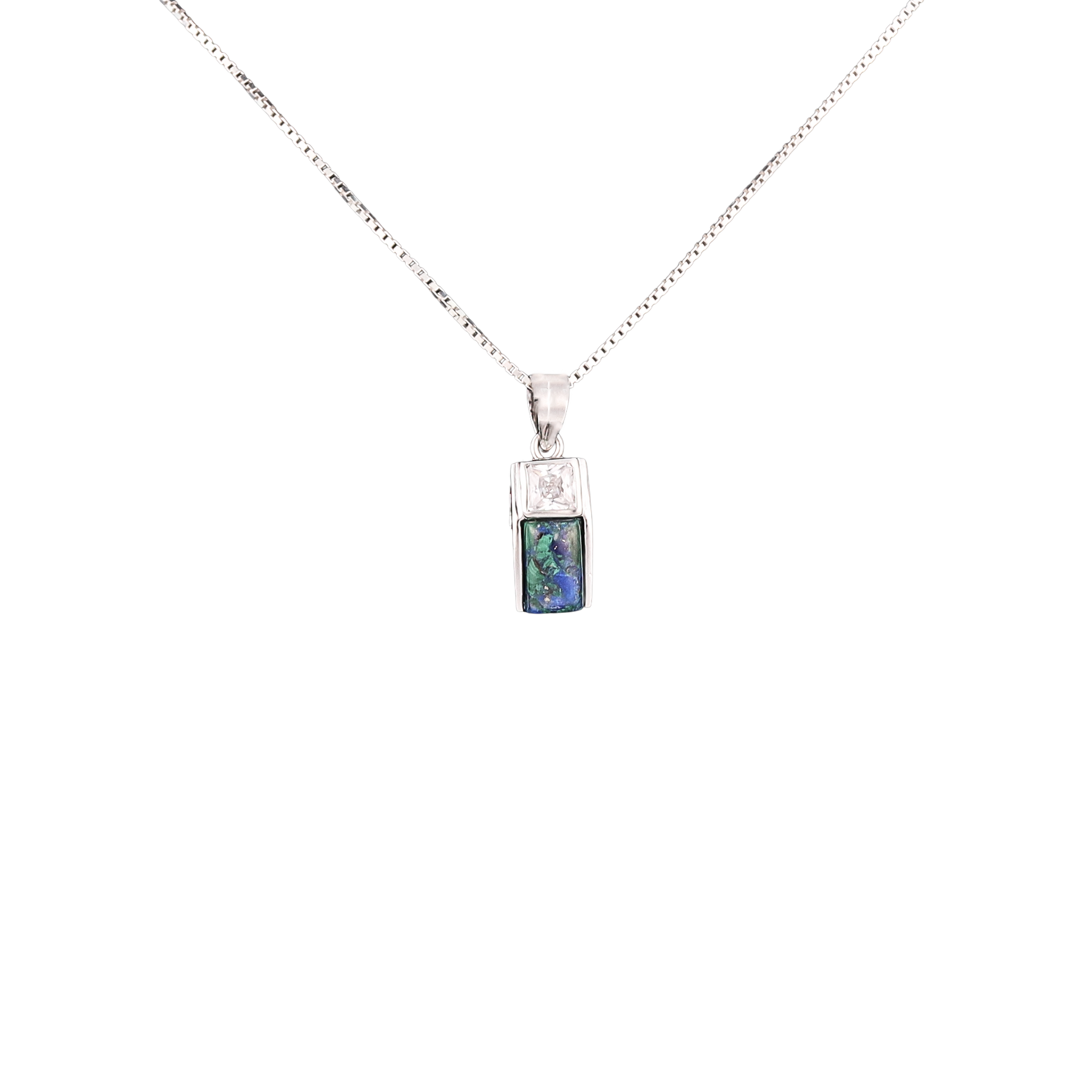 Rectangular Eilat stone pendant with a clear gemstone at the top