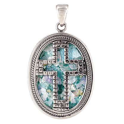 Roman Glass Oval Sterling Silver Cross Necklace