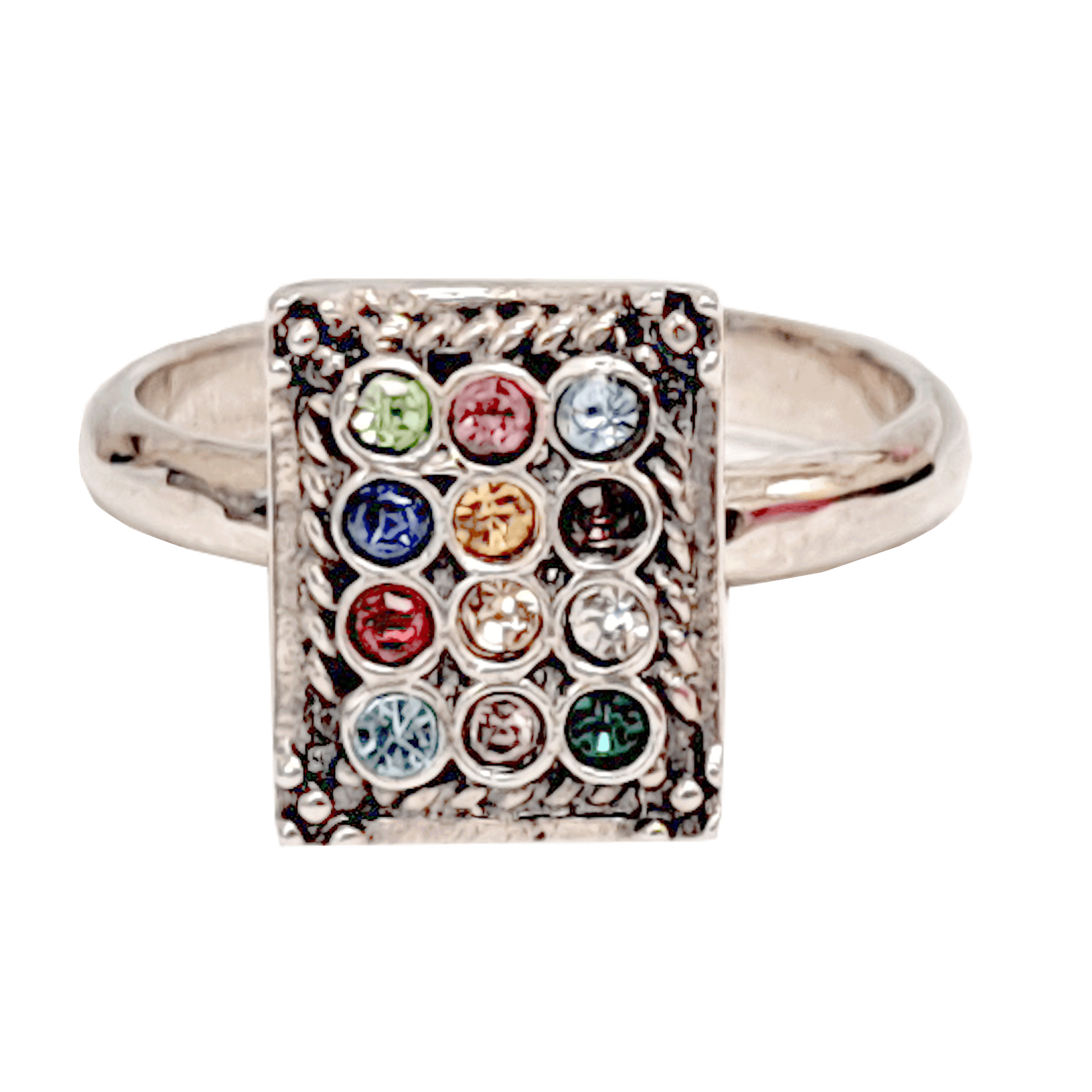 Sterling silver ring shaped like the High Priests’s Breastplate containing twelve different colored crystals 