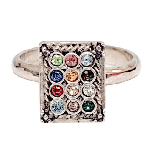 Sterling silver ring shaped like the High Priests’s Breastplate containing twelve different colored crystals 