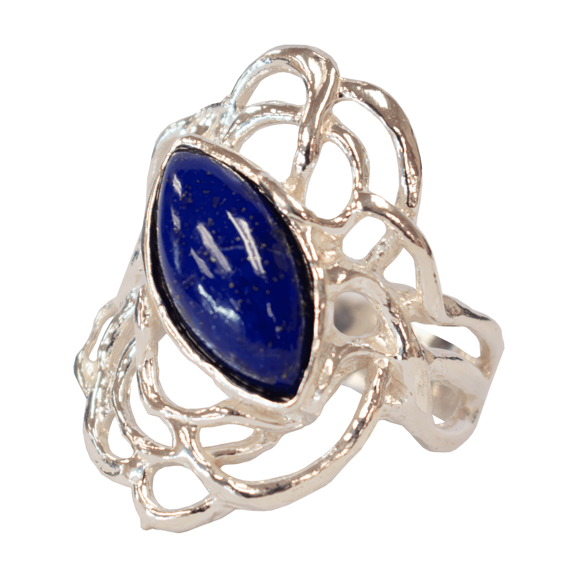 A marquise-shaped lapis stone Sterling Silver Swirl Ring