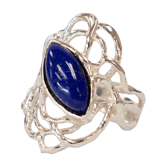 A marquise-shaped lapis stone Sterling Silver Swirl Ring