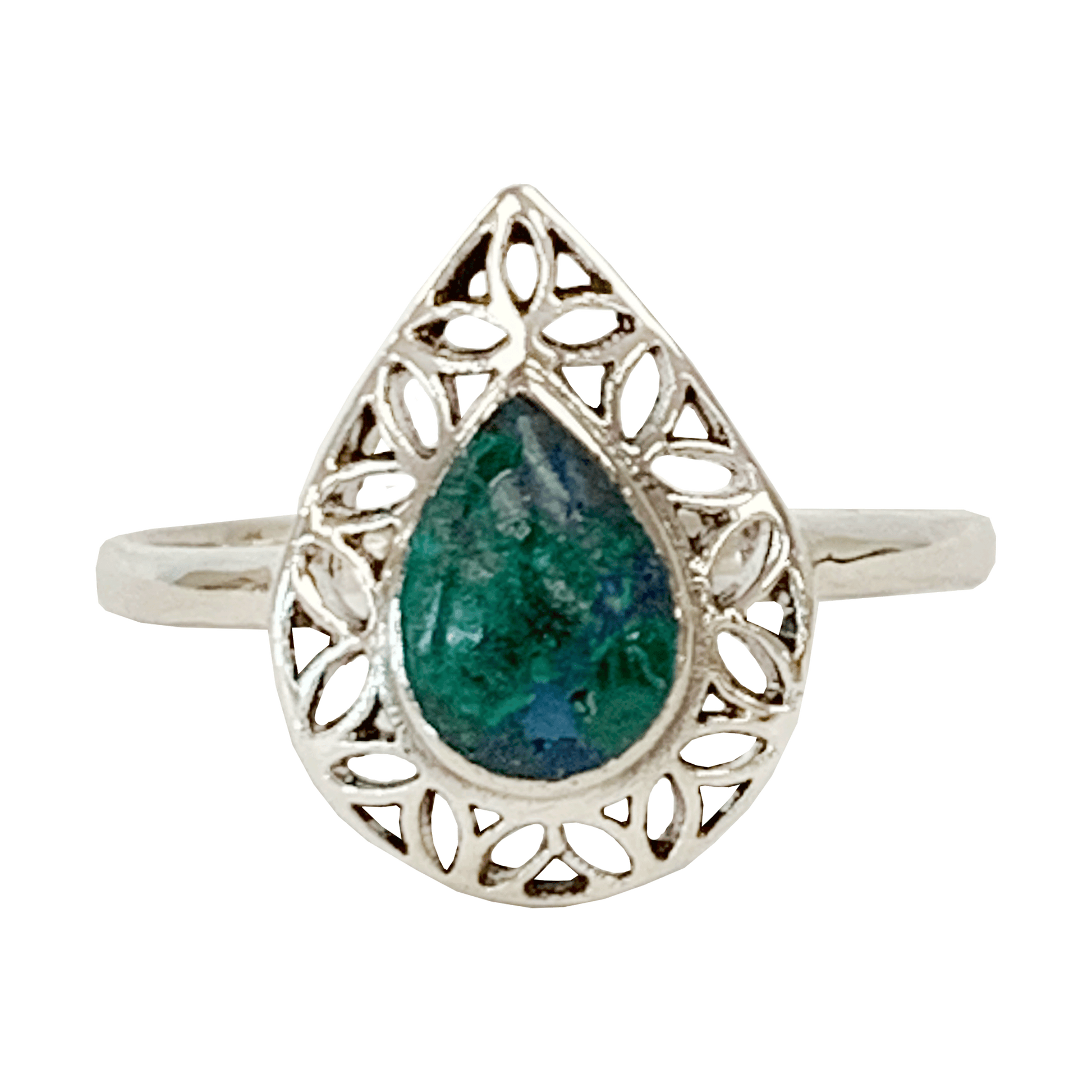 Sterling silver teardrop-shaped ring with an Eilat stone at its center and an open geometric design surrounding the stone